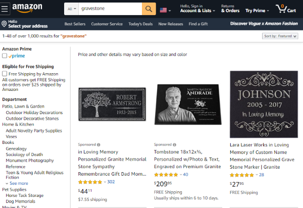 Amazon's gravestone selection
