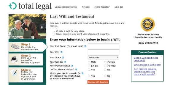 Total Legal Wills' Welcome Screen